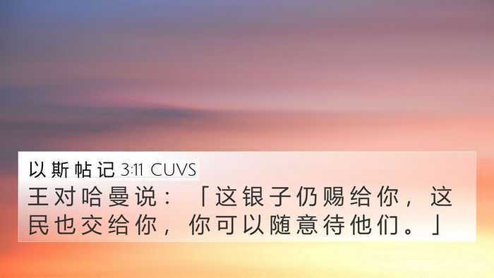 以 斯 帖 记 3:11 CUVS 4K Wallpaper - 王 对 哈 曼 说 ： 「 这 银 子 仍 赐 - 4K Wallpaper Bible Verse