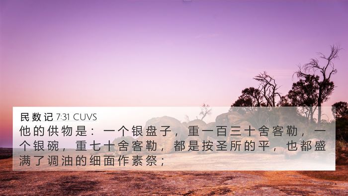 民 数 记 7:31 CUVS 4K Wallpaper - 他 的 供 物 是 ： 一 个 银 盘 子 ， - 4K Wallpaper Bible Verse