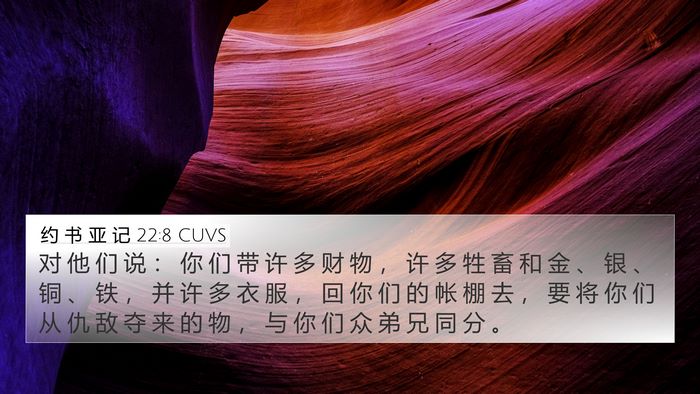约 书 亚 记 22:8 CUVS 4K Wallpaper - 对 他 们 说 ： 你 们 带 许 多 财 物 - 4K Wallpaper Bible Verse