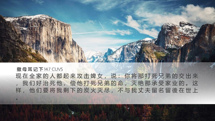 撒 母 耳 记 下 14:7 CUVS Desktop Wallpaper - 现 在 全 家 的 人 都 起 来 攻 击 婢 - Desktop Bible Verse Wallpaper
