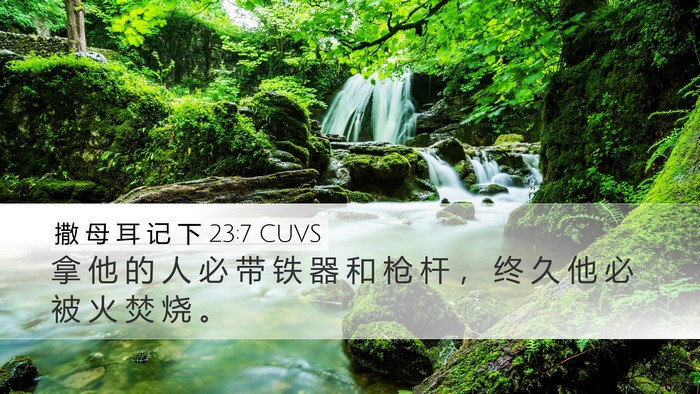 撒 母 耳 记 下 23:7 CUVS Desktop Wallpaper - 拿 他 的 人 必 带 铁 器 和 枪 杆 ， - Desktop Bible Verse Wallpaper