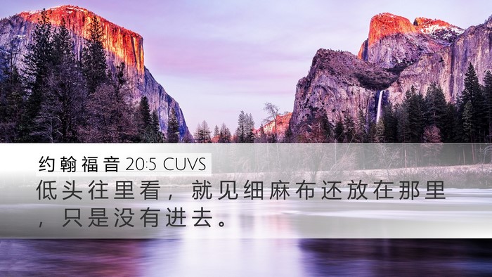 约 翰 福 音 20:5 CUVS Desktop Wallpaper - 低 头 往 里 看 ， 就 见 细 麻 布 还 - Desktop Bible Verse Wallpaper
