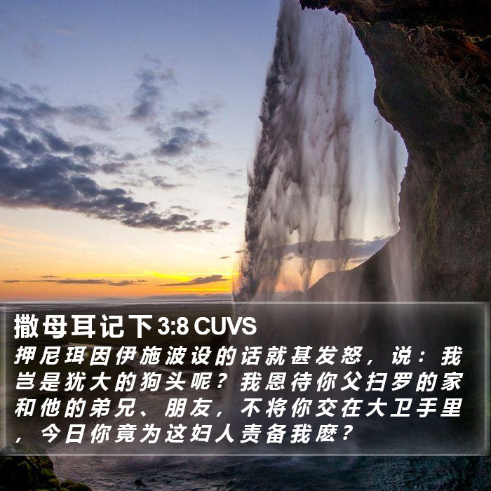 撒 母 耳 记 下 3:8 CUVS - 押 尼 珥 因 伊 施 波 设 的 话 就 甚