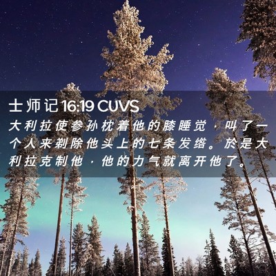 Picture 02 - 士 师 记 16:19 CUVS - 大 利 拉 使 参 孙 枕 着 他 的 膝 睡 - Bible Verse Picture