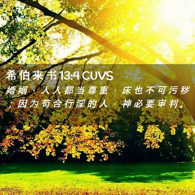 Picture 02 - 希 伯 来 书 13:4 CUVS - 婚 姻 ， 人 人 都 当 尊 重 ， 床 也 - Bible Verse Picture