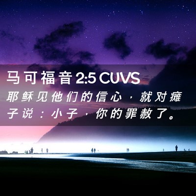 Picture 02 - 马 可 福 音 2:5 CUVS - 耶 稣 见 他 们 的 信 心 ， 就 对 瘫 - Bible Verse Picture