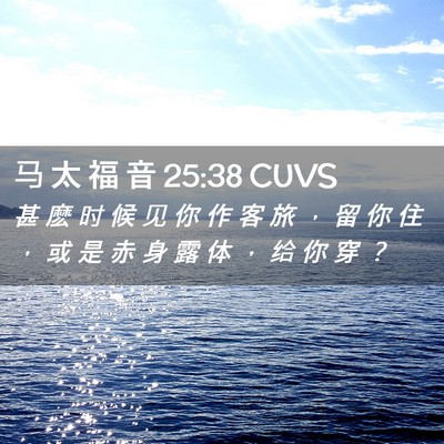 Picture 02 - 马 太 福 音 25:38 CUVS - 甚 麽 时 候 见 你 作 客 旅 ， 留 你 - Bible Verse Picture