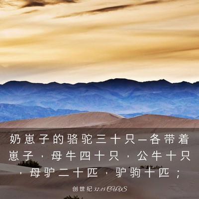 Picture 03 - 创 世 纪 32:15 CUVS - 奶 崽 子 的 骆 驼 三 十 只 ─ 各 带 - Bible Verse Picture