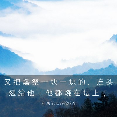 Picture 03 - 利 未 记 9:13 CUVS - 又 把 燔 祭 一 块 一 块 的 、 连 头 - Bible Verse Picture