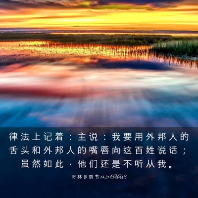 Picture 03 - 哥 林 多 前 书 14:21 CUVS - 律 法 上 记 着 ： 主 说 ： 我 要 用 - Bible Verse Picture