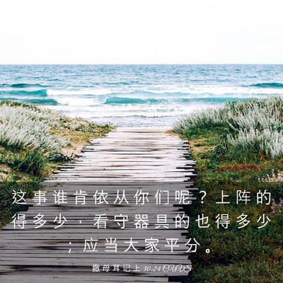 Picture 03 - 撒 母 耳 记 上 30:24 CUVS - 这 事 谁 肯 依 从 你 们 呢 ？ 上 阵 - Bible Verse Picture