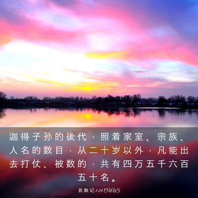 Picture 03 - 民 数 记 1:24 CUVS - 迦 得 子 孙 的 後 代 ， 照 着 家 室 - Bible Verse Picture