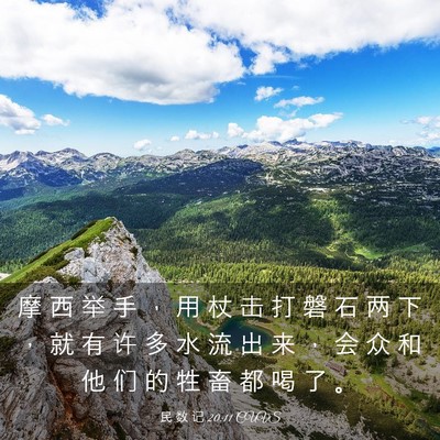 Picture 03 - 民 数 记 20:11 CUVS - 摩 西 举 手 ， 用 杖 击 打 磐 石 两 - Bible Verse Picture