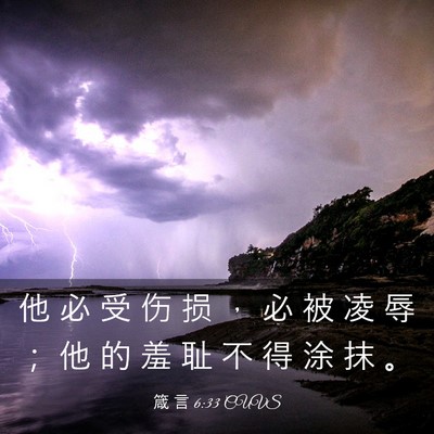 Picture 03 - 箴 言 6:33 CUVS - 他 必 受 伤 损 ， 必 被 凌 辱 ； 他 - Bible Verse Picture