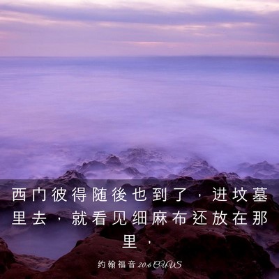 Picture 03 - 约 翰 福 音 20:6 CUVS - 西 门 彼 得 随 後 也 到 了 ， 进 坟 - Bible Verse Picture