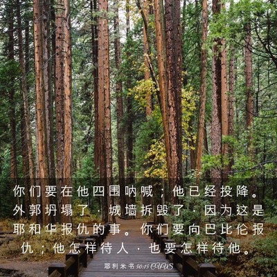 Picture 03 - 耶 利 米 书 50:15 CUVS - 你 们 要 在 他 四 围 呐 喊 ； 他 已 - Bible Verse Picture