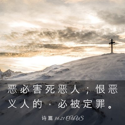 Picture 03 - 诗 篇 34:21 CUVS - 恶 必 害 死 恶 人 ； 恨 恶 义 人 的 - Bible Verse Picture