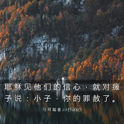 Picture 03 - 马 可 福 音 2:5 CUVS - 耶 稣 见 他 们 的 信 心 ， 就 对 瘫 - Bible Verse Picture