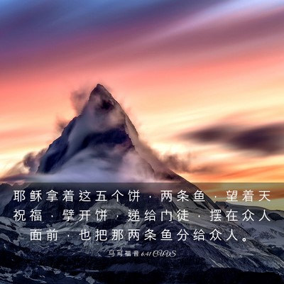Picture 03 - 马 可 福 音 6:41 CUVS - 耶 稣 拿 着 这 五 个 饼 ， 两 条 鱼 - Bible Verse Picture