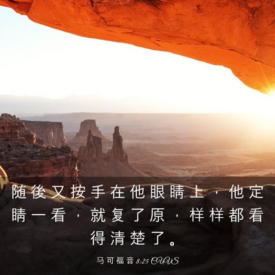 Picture 03 - 马 可 福 音 8:25 CUVS - 随 後 又 按 手 在 他 眼 睛 上 ， 他 - Bible Verse Picture