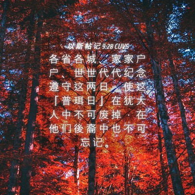 Picture 04 - 以 斯 帖 记 9:28 CUVS - 各 省 各 城 、 家 家 户 户 、 世 世 - Bible Verse Picture