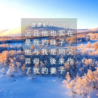 Picture 04 - 创 世 纪 20:12 CUVS - 况 且 他 也 实 在 是 我 的 妹 子 ； - Bible Verse Picture