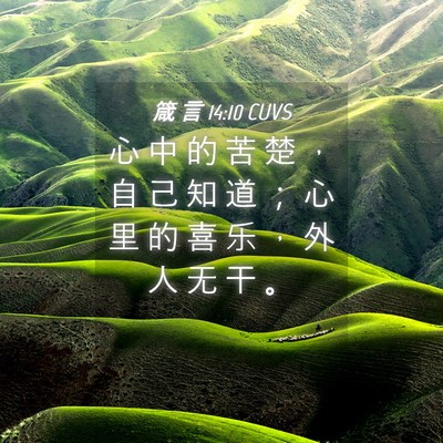 Picture 04 - 箴 言 14:10 CUVS - 心 中 的 苦 楚 ， 自 己 知 道 ； 心 - Bible Verse Picture