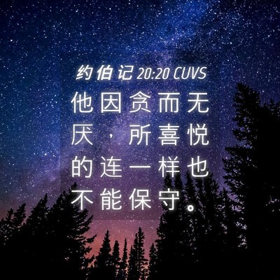 Picture 04 - 约 伯 记 20:20 CUVS - 他 因 贪 而 无 厌 ， 所 喜 悦 的 连 - Bible Verse Picture