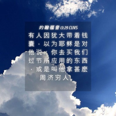 Picture 04 - 约 翰 福 音 13:29 CUVS - 有 人 因 犹 大 带 着 钱 囊 ， 以 为 - Bible Verse Picture