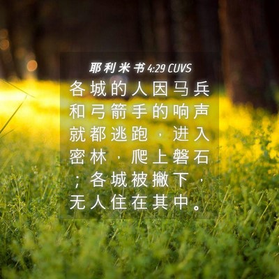 Picture 04 - 耶 利 米 书 4:29 CUVS - 各 城 的 人 因 马 兵 和 弓 箭 手 的 - Bible Verse Picture