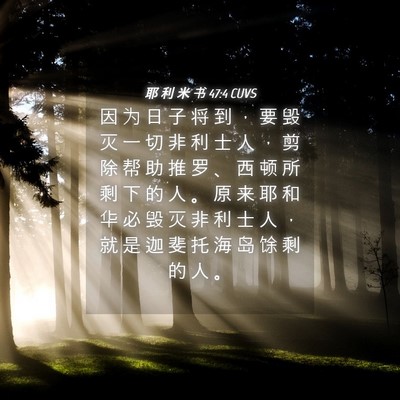 Picture 04 - 耶 利 米 书 47:4 CUVS - 因 为 日 子 将 到 ， 要 毁 灭 一 切 - Bible Verse Picture