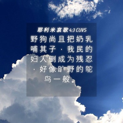 Picture 04 - 耶 利 米 哀 歌 4:3 CUVS - 野 狗 尚 且 把 奶 乳 哺 其 子 ， 我 - Bible Verse Picture