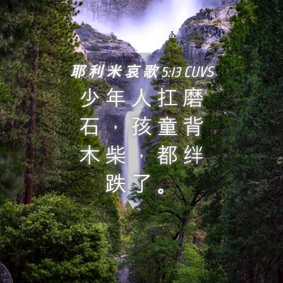 Picture 04 - 耶 利 米 哀 歌 5:13 CUVS - 少 年 人 扛 磨 石 ， 孩 童 背 木 柴 - Bible Verse Picture
