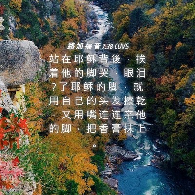 Picture 04 - 路 加 福 音 7:38 CUVS - 站 在 耶 稣 背 後 ， 挨 着 他 的 脚 - Bible Verse Picture