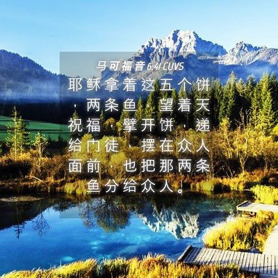 Picture 04 - 马 可 福 音 6:41 CUVS - 耶 稣 拿 着 这 五 个 饼 ， 两 条 鱼 - Bible Verse Picture