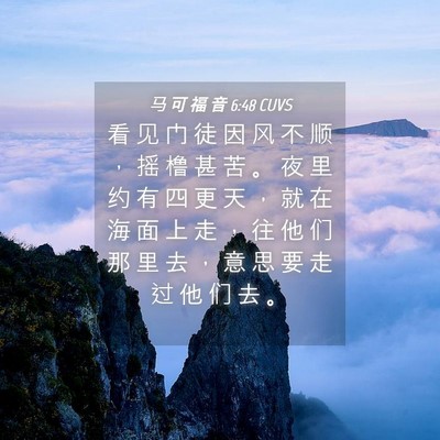 Picture 04 - 马 可 福 音 6:48 CUVS - 看 见 门 徒 因 风 不 顺 ， 摇 橹 甚 - Bible Verse Picture