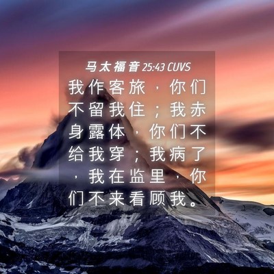 Picture 04 - 马 太 福 音 25:43 CUVS - 我 作 客 旅 ， 你 们 不 留 我 住 ； - Bible Verse Picture