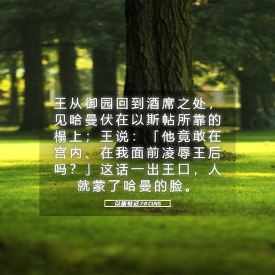 Picture 05 - 以 斯 帖 记 7:8 CUVS - 王 从 御 园 回 到 酒 席 之 处 ， 见 - Bible Verse Picture