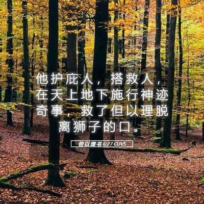 Picture 05 - 但 以 理 书 6:27 CUVS - 他 护 庇 人 ， 搭 救 人 ， 在 天 上 - Bible Verse Picture