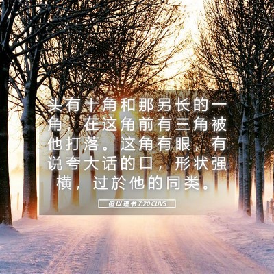 Picture 05 - 但 以 理 书 7:20 CUVS - 头 有 十 角 和 那 另 长 的 一 角 ， - Bible Verse Picture
