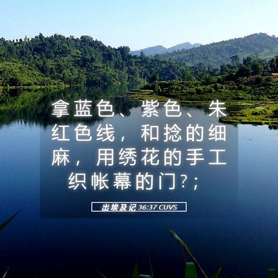 Picture 05 - 出 埃 及 记 36:37 CUVS - 拿 蓝 色 、 紫 色 、 朱 红 色 线 ， - Bible Verse Picture