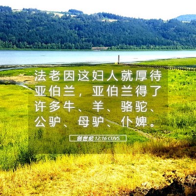 Picture 05 - 创 世 纪 12:16 CUVS - 法 老 因 这 妇 人 就 厚 待 亚 伯 兰 - Bible Verse Picture