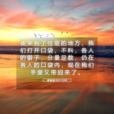 Picture 05 - 创 世 纪 43:21 CUVS - 後 来 到 了 住 宿 的 地 方 ， 我 们 - Bible Verse Picture