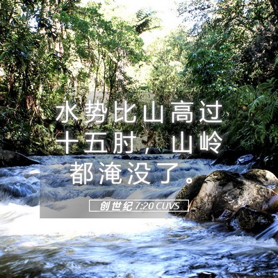 Picture 05 - 创 世 纪 7:20 CUVS - 水 势 比 山 高 过 十 五 肘 ， 山 岭 - Bible Verse Picture