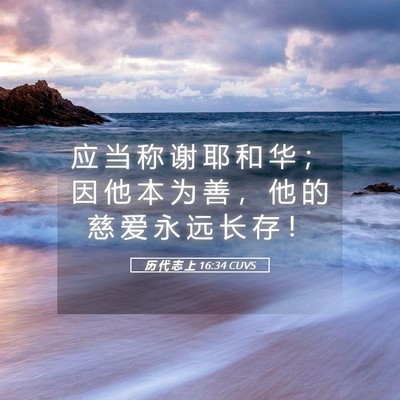 Picture 05 - 历 代 志 上 16:34 CUVS - 应 当 称 谢 耶 和 华 ； 因 他 本 为 - Bible Verse Picture