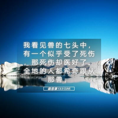 Picture 05 - 启 示 录 13:3 CUVS - 我 看 见 兽 的 七 头 中 ， 有 一 个 - Bible Verse Picture