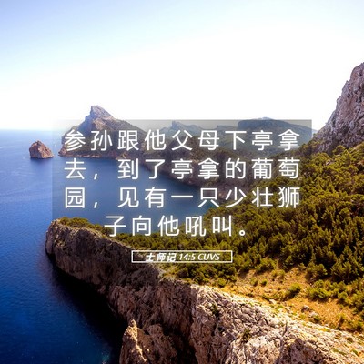 Picture 05 - 士 师 记 14:5 CUVS - 参 孙 跟 他 父 母 下 亭 拿 去 ， 到 - Bible Verse Picture