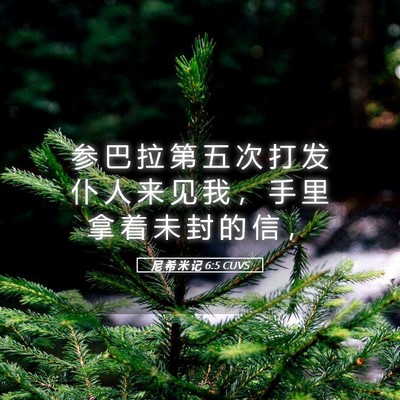 Picture 05 - 尼 希 米 记 6:5 CUVS - 参 巴 拉 第 五 次 打 发 仆 人 来 见 - Bible Verse Picture