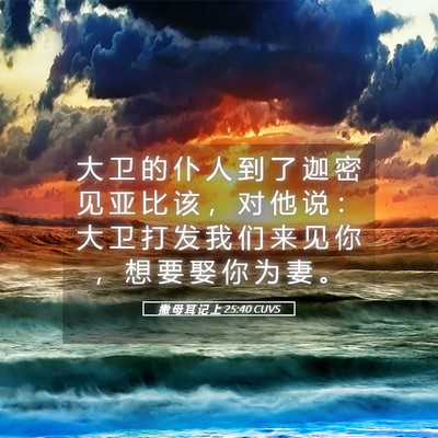 Picture 05 - 撒 母 耳 记 上 25:40 CUVS - 大 卫 的 仆 人 到 了 迦 密 见 亚 比 - Bible Verse Picture