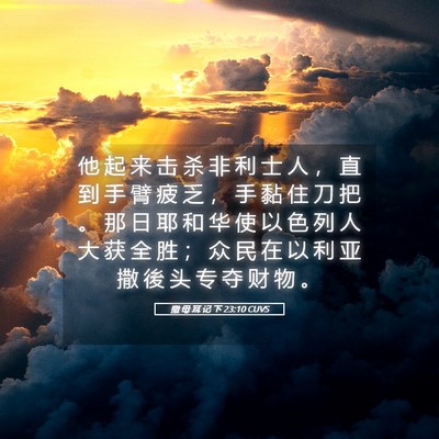 Picture 05 - 撒 母 耳 记 下 23:10 CUVS - 他 起 来 击 杀 非 利 士 人 ， 直 到 - Bible Verse Picture